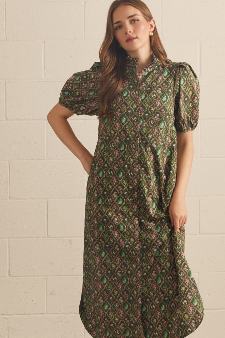 Floral Trellis Midi Dress - Pine Womens Dress Entro 