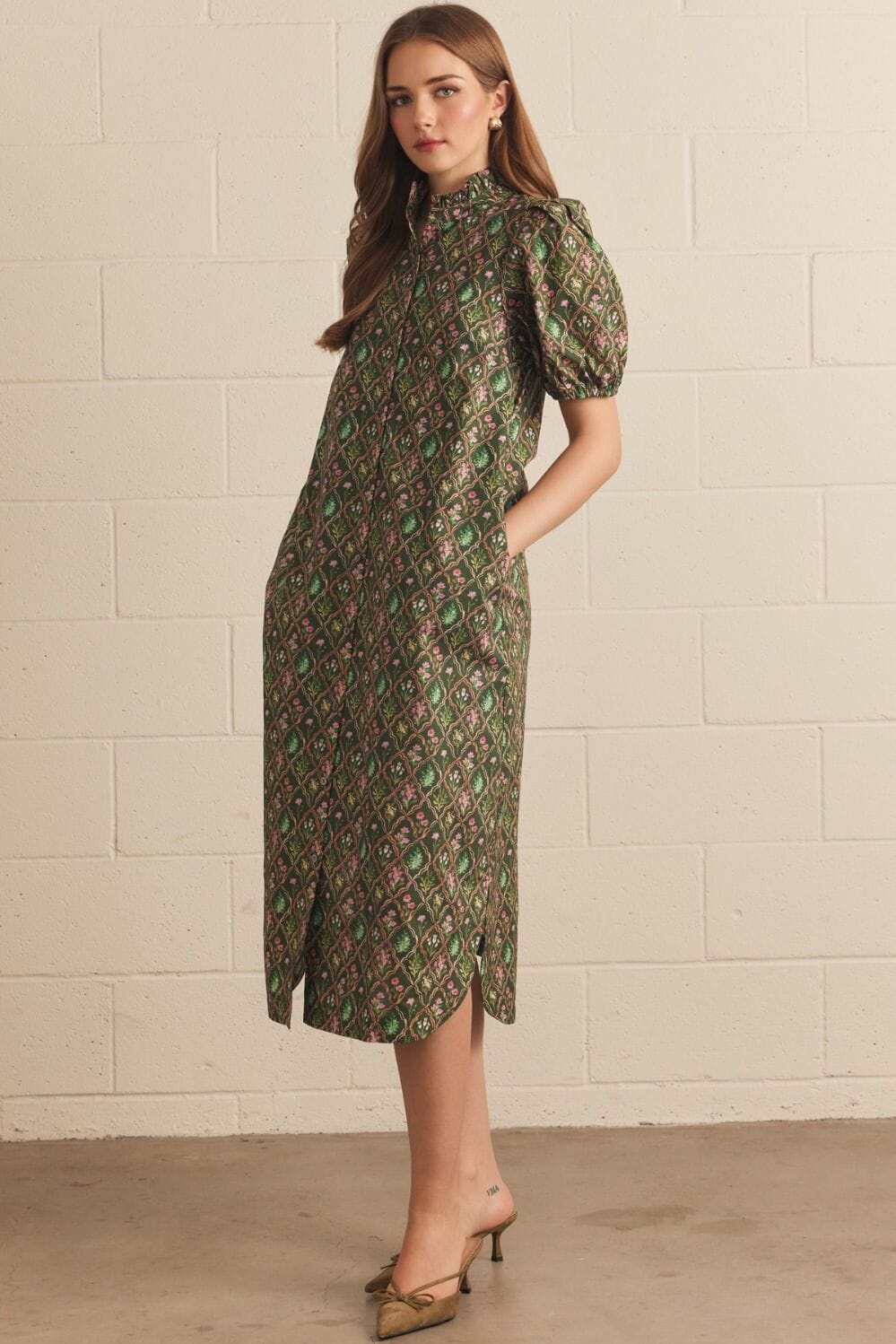 Floral Trellis Midi Dress - Pine Womens Dress Entro 