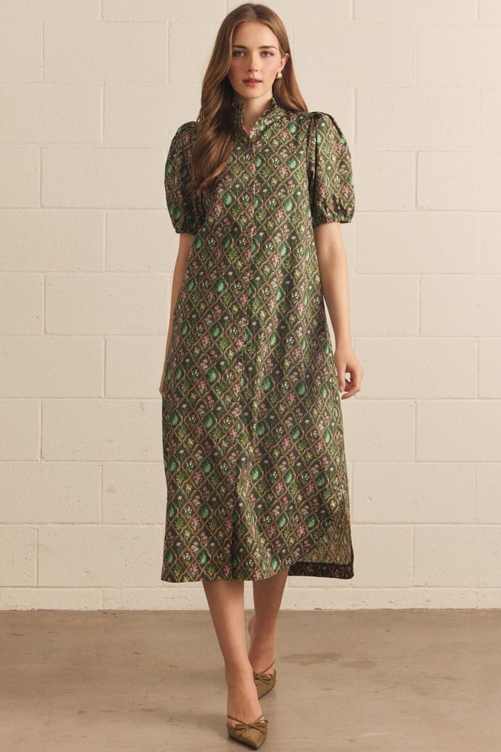 Floral Trellis Midi Dress - Pine Womens Dress Entro 
