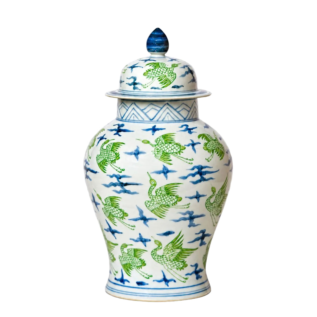 Flying Cranes Green and Blue Porcelain Temple Jar Vase Cobalt Guild 