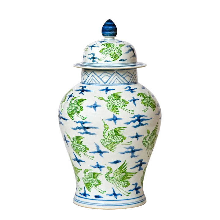 Flying Cranes Green and Blue Porcelain Temple Jar Vase Cobalt Guild 