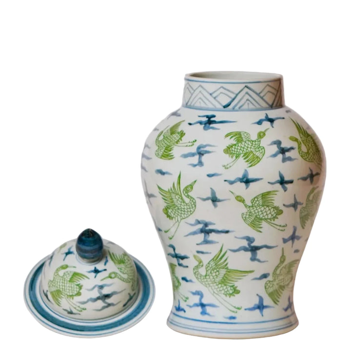 Flying Cranes Green and Blue Porcelain Temple Jar Vase Cobalt Guild 