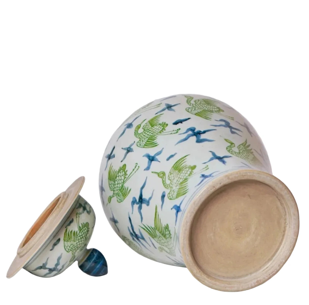 Flying Cranes Green and Blue Porcelain Temple Jar Vase Cobalt Guild 