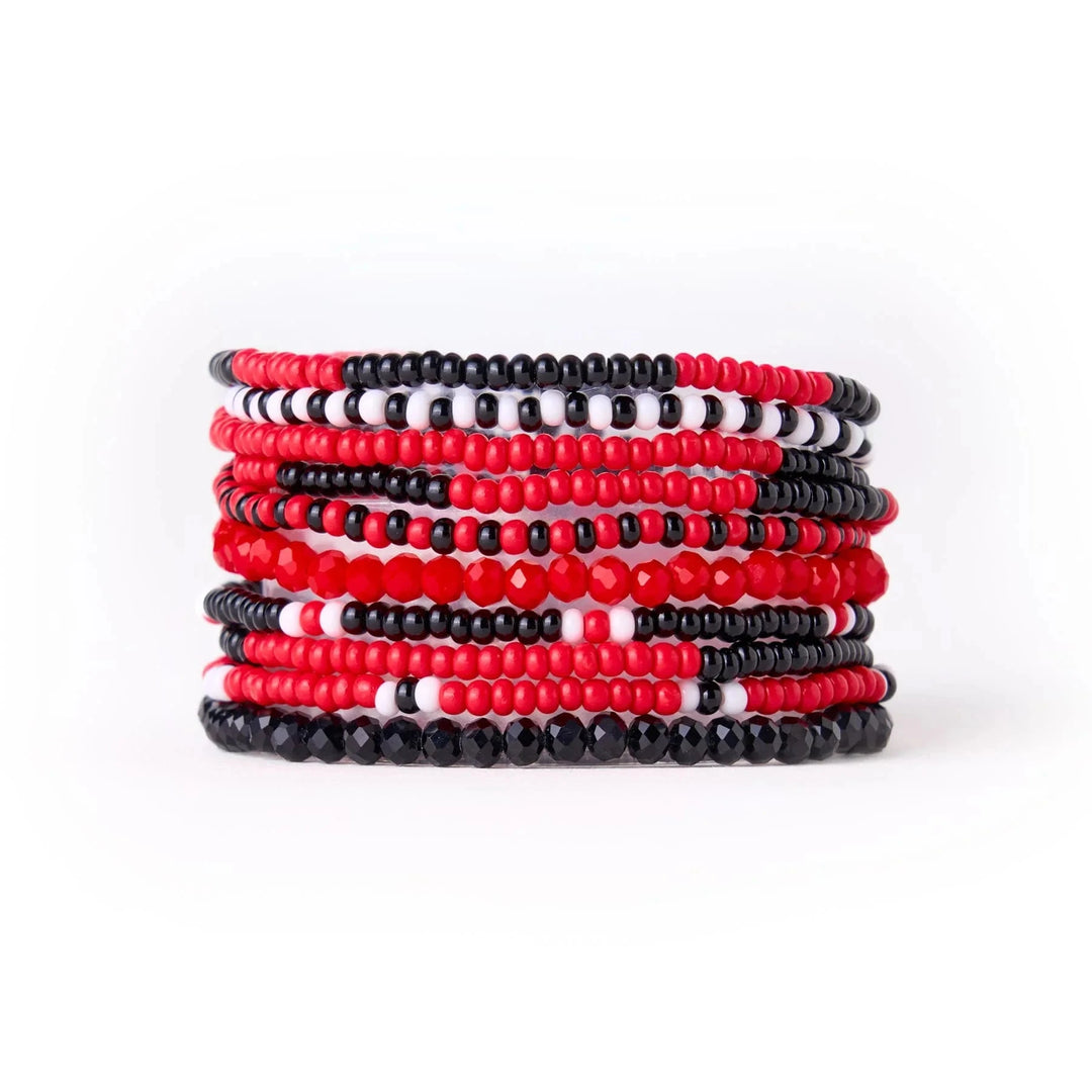 Game Day Beaded 10 Strand Stretch Bracelets - Red, Black, White Womens Bracelet Ink and Alloy 