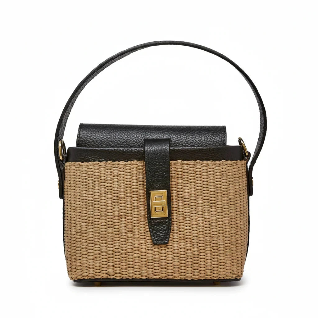 German Fuentes Leather and Rattan Handle Bag Purse Germán Fuentes Black 