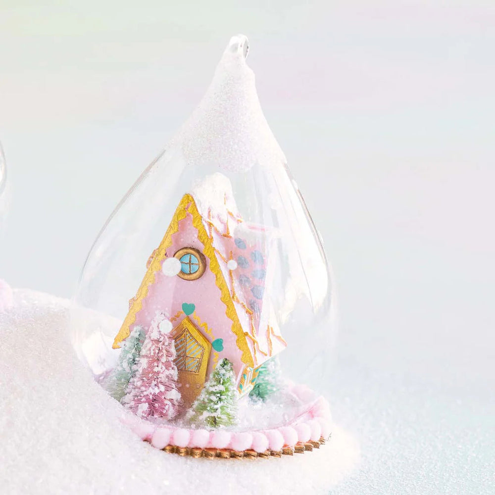 Gingerbread Cottage Dome Ornament Christmas Ornament Glitterville Pink House 