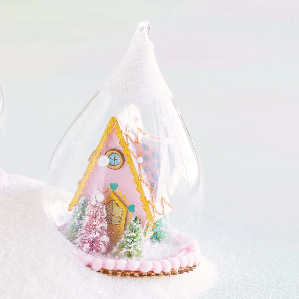 Gingerbread Cottage Dome Ornament Christmas Ornament Glitterville Pink House 