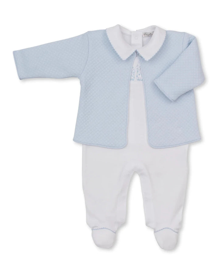 Giraffe Laughs White Footie & Blue Jacquard Jacket Set Boy Footie Kissy Kissy 