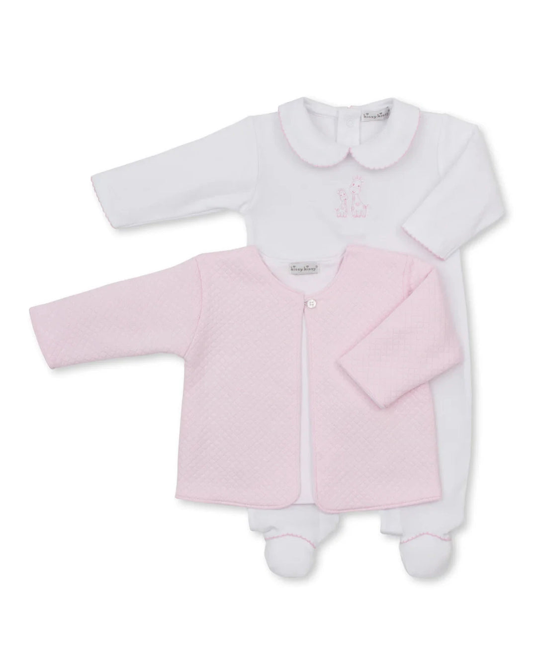 Giraffe Laughs White Footie & Pink Jacquard Jacket Set Girl Footie Kissy Kissy 