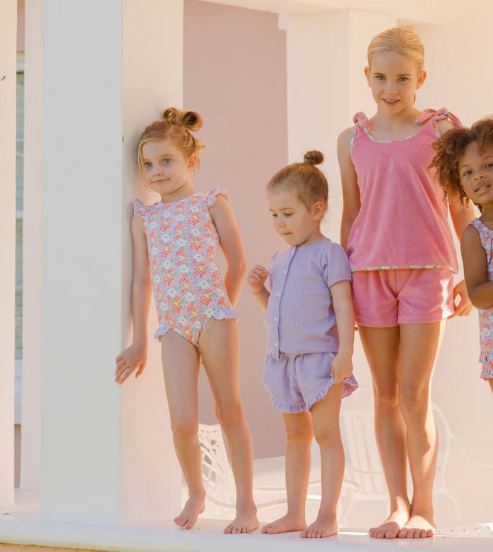 Girls Island Blossom Ruffle Cap Sleeve Rashguard One Piece Girl Bathing Suit Minnow 