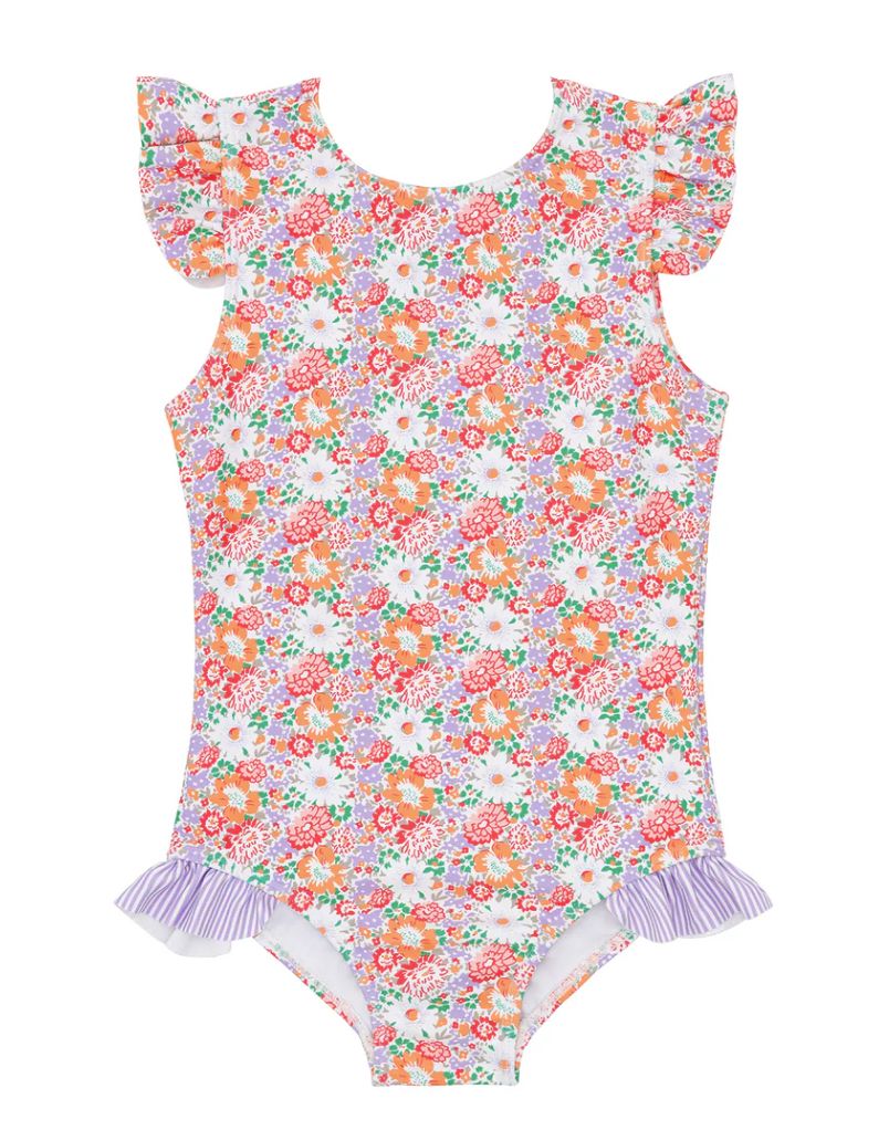 Girls Island Blossom Ruffle Cap Sleeve Rashguard One Piece Girl Bathing Suit Minnow 