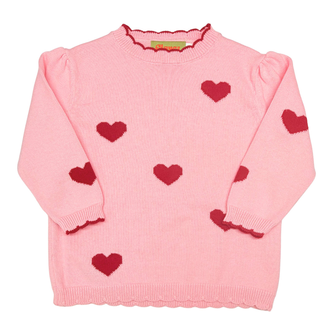 Girls Scalloped Crew Neck Heart Sweater - Pink/Red Girl Sweater Luigi 