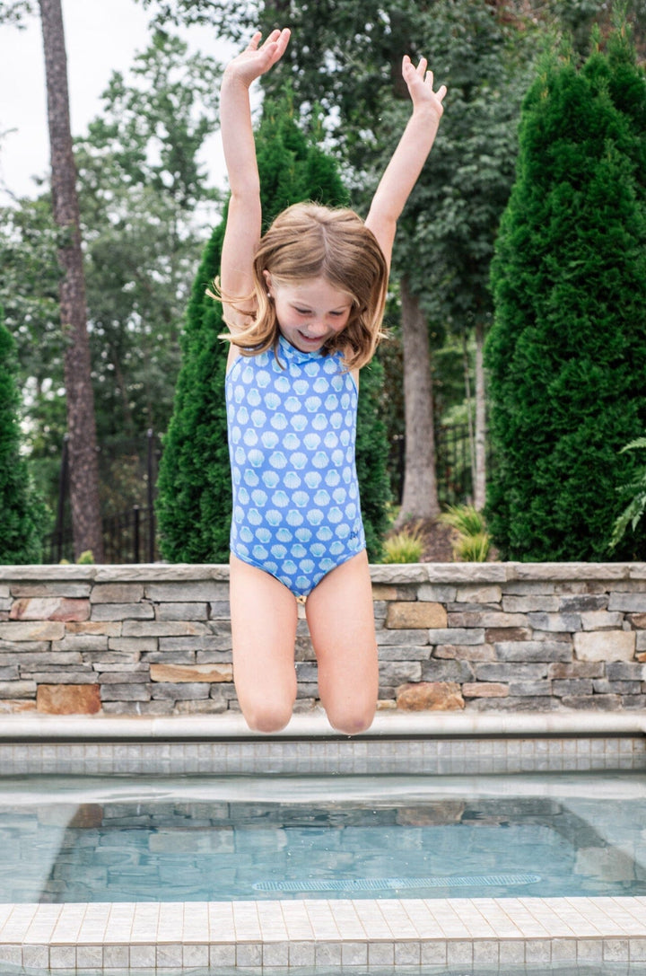 Girls' Spring Tides Bow Back Swimsuit - Marina Blue Shells Girl Bathing Suit Prodoh 