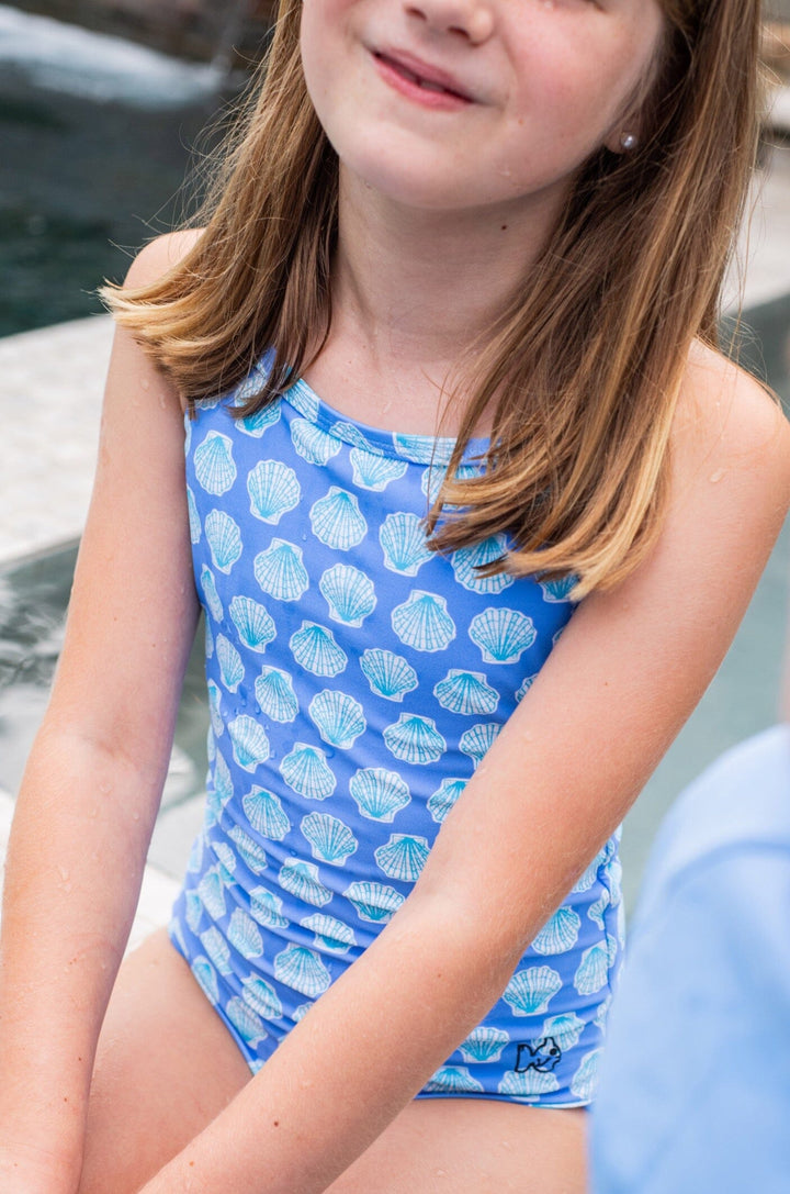 Girls' Spring Tides Bow Back Swimsuit - Marina Blue Shells Girl Bathing Suit Prodoh 