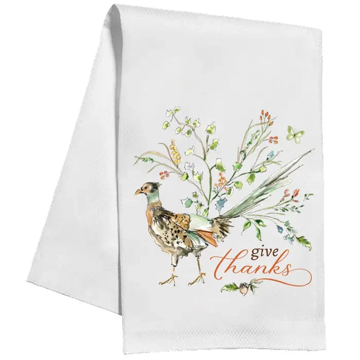 Give Thanks Fall Pheasant with Greenery Kitchen Towel Kitchen Towel Rosanne Beck 