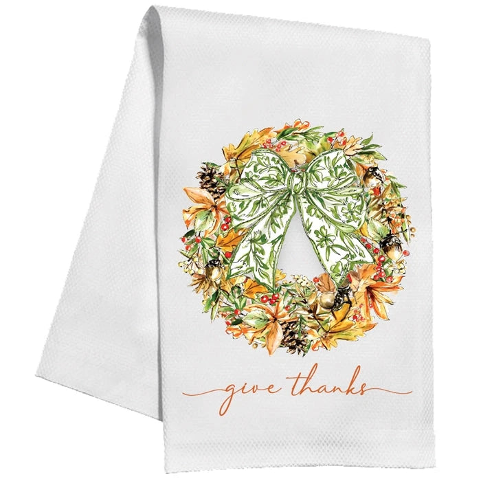 Give Thanks Fall Wreath With Green Chinoiserie Bow Kitchen Towel Kitchen Towel Rosanne Beck 