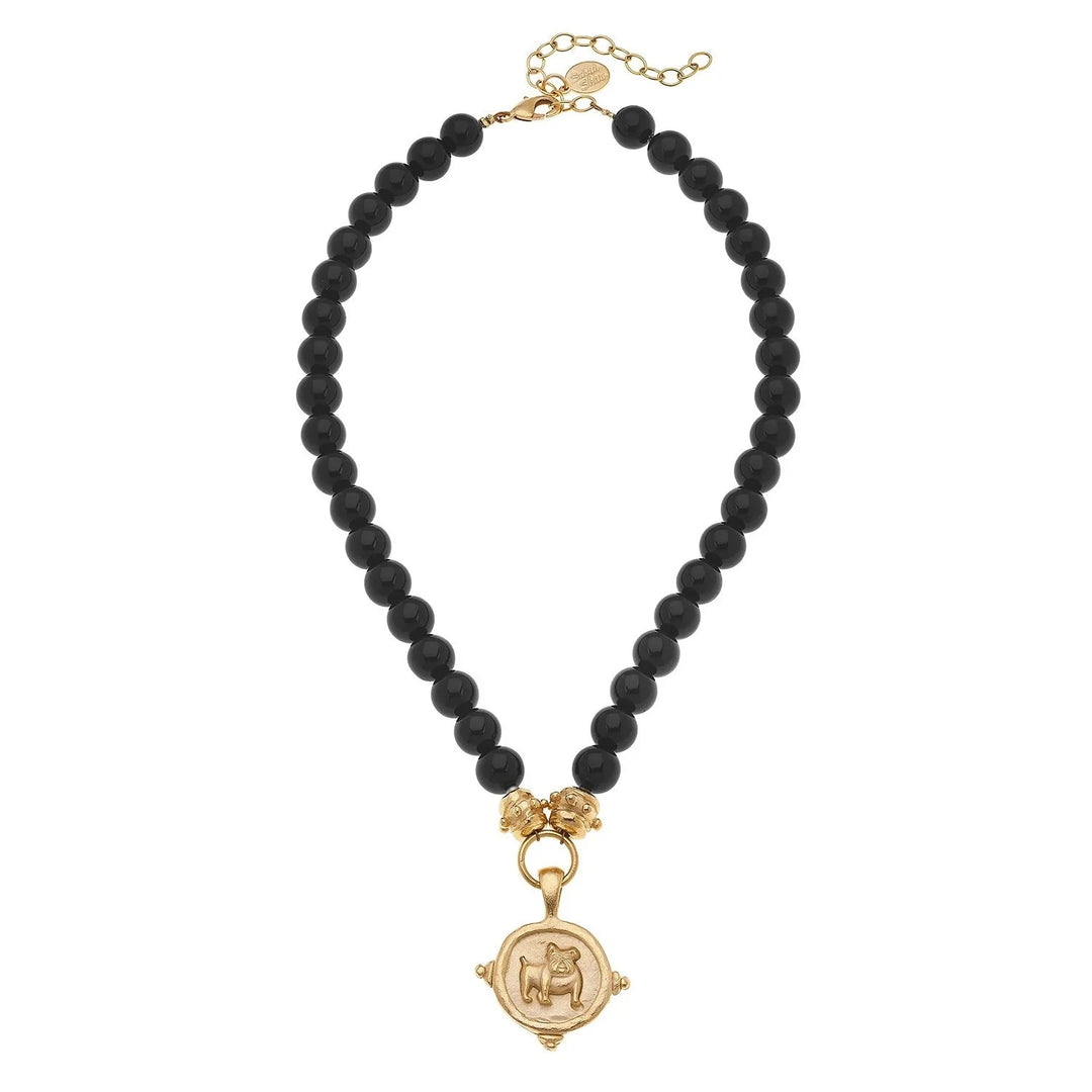 Gold Bulldog Charm on Black Onyx Necklace Womens Necklace Susan Shaw 