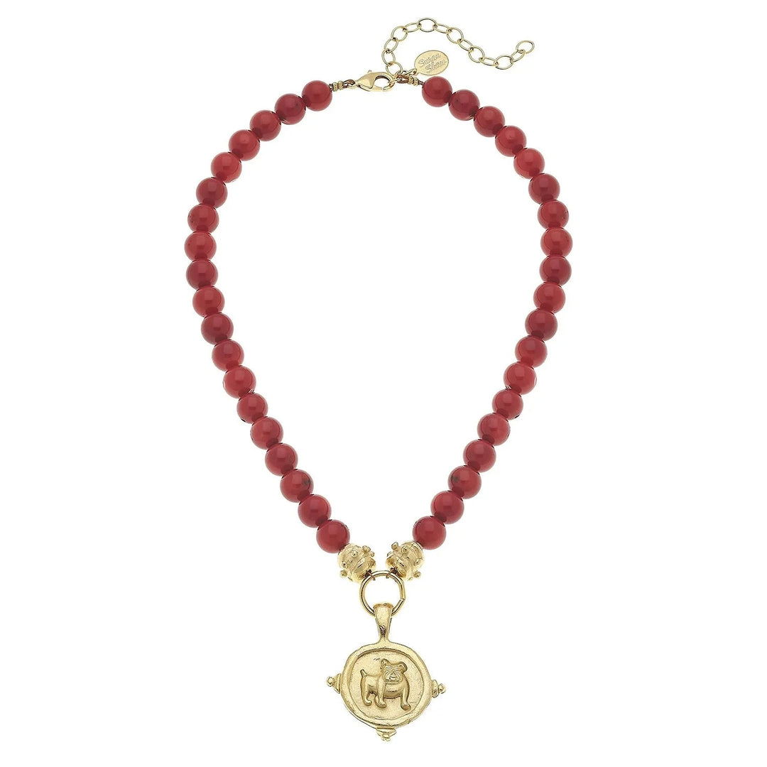 Gold Bulldog Charm on Red Coral Necklace Womens Necklace Susan Shaw 