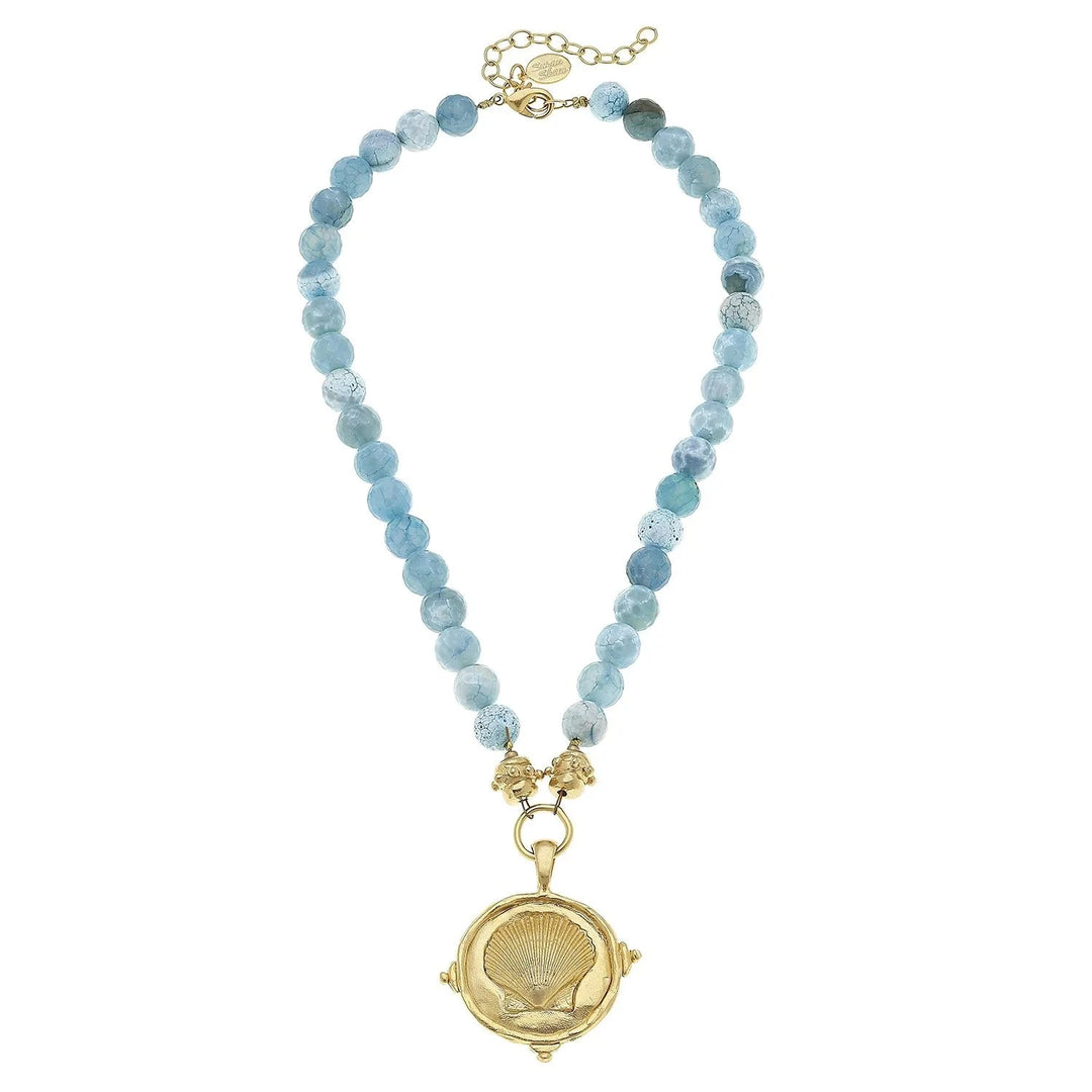 Gold Shell on Aqua Fire Agate Necklace Womens Necklace Susan Shaw 
