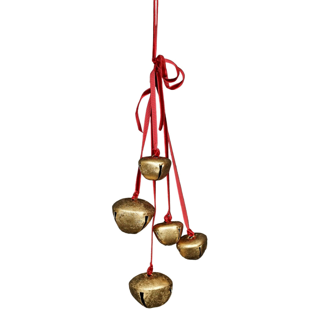Gold Sleigh Bell Cluster with Red Ribbon Christmas Decor Impressive Enterprises 