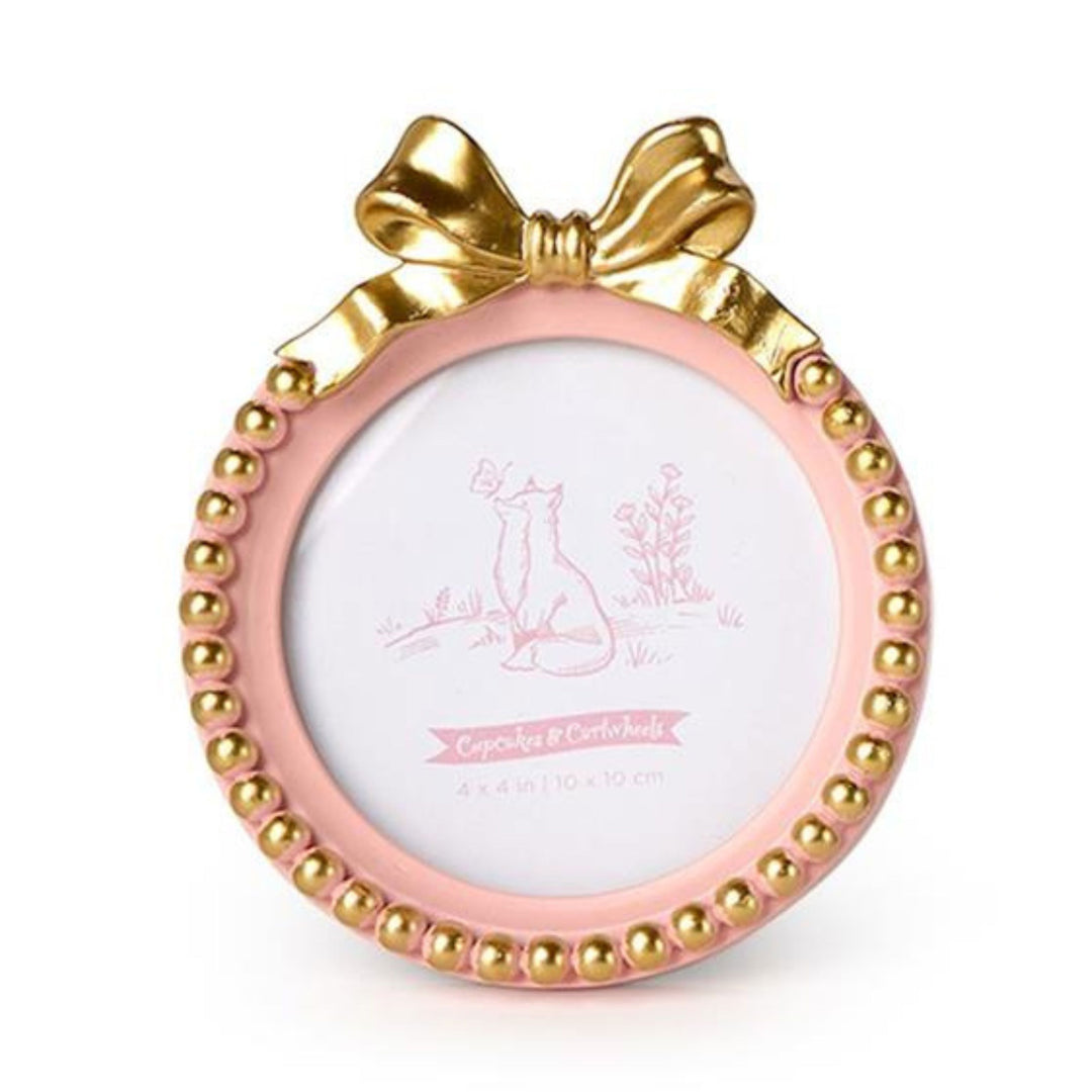 Golden Bow 4"x4" Round Photo Frames Picture Frames Two's Company Pink 