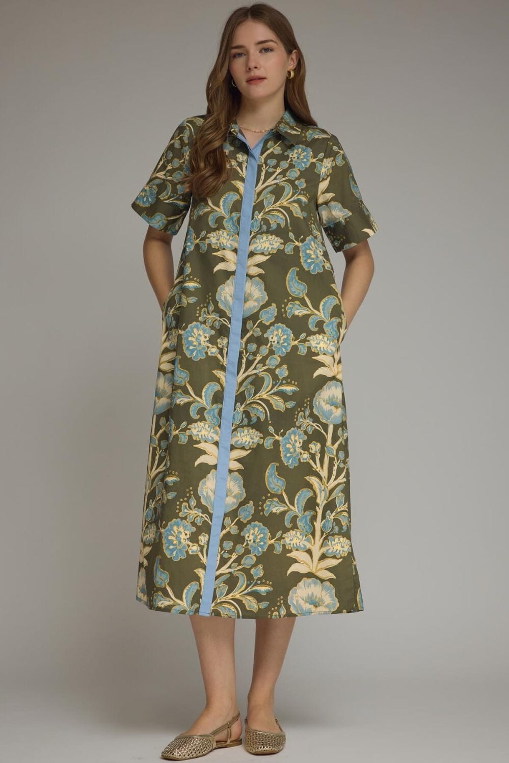 Green and Cream Filigree Midi Dress Womens Dress Entro 