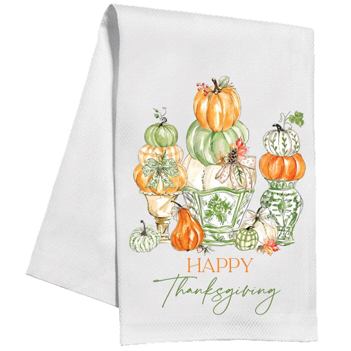 Green Chinoiserie & Orange Pumpkins With Leaves Kitchen Towel Kitchen Towel Rosanne Beck 