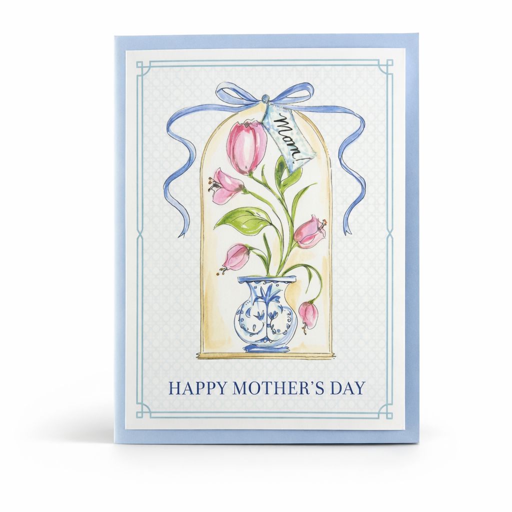 Greeting Card - Happy Mother's Day Pink Flower Blue Vase Gift Tags & Labels Rosanne Beck 
