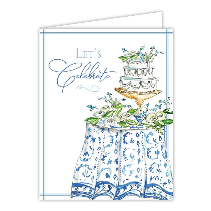 Greeting Cards Gift Card Rosanne Beck Let's Celebrate Cake and Flowers On Table 