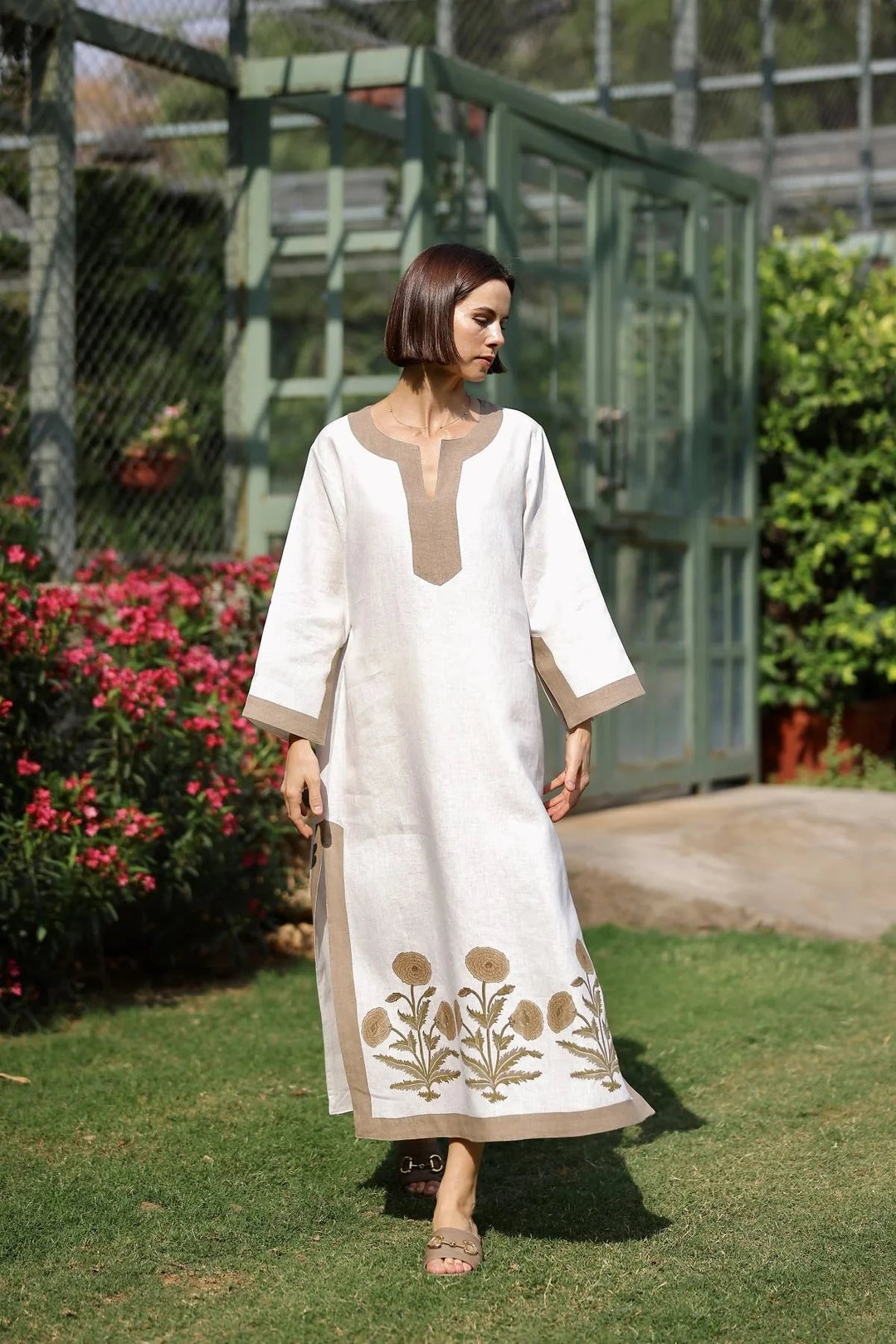 Hampton Kaftan - Khaki Flower Womens Dress Maison Marigold 