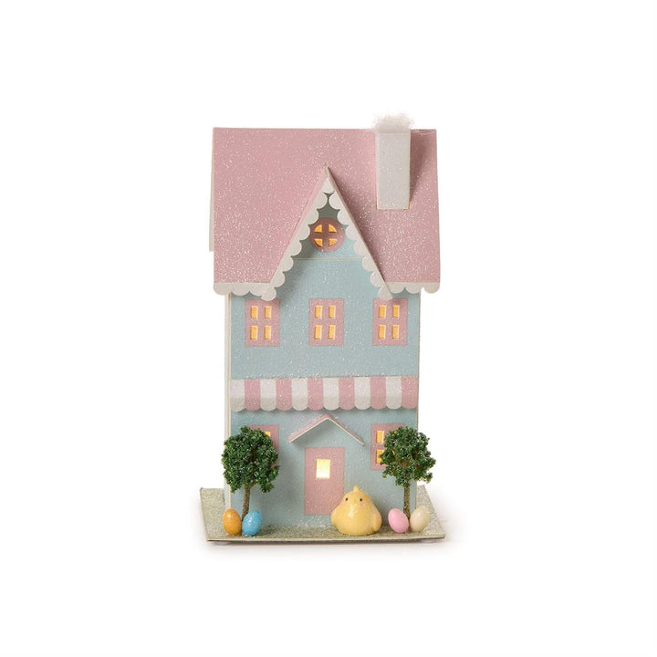Hand Crafted Light-Up House Easter Decorations Two's Company Blue with Pink Roof 