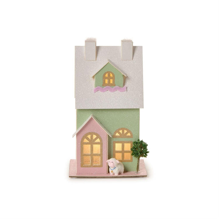 Hand Crafted Light-Up House Easter Decorations Two's Company Green with Pink Door 