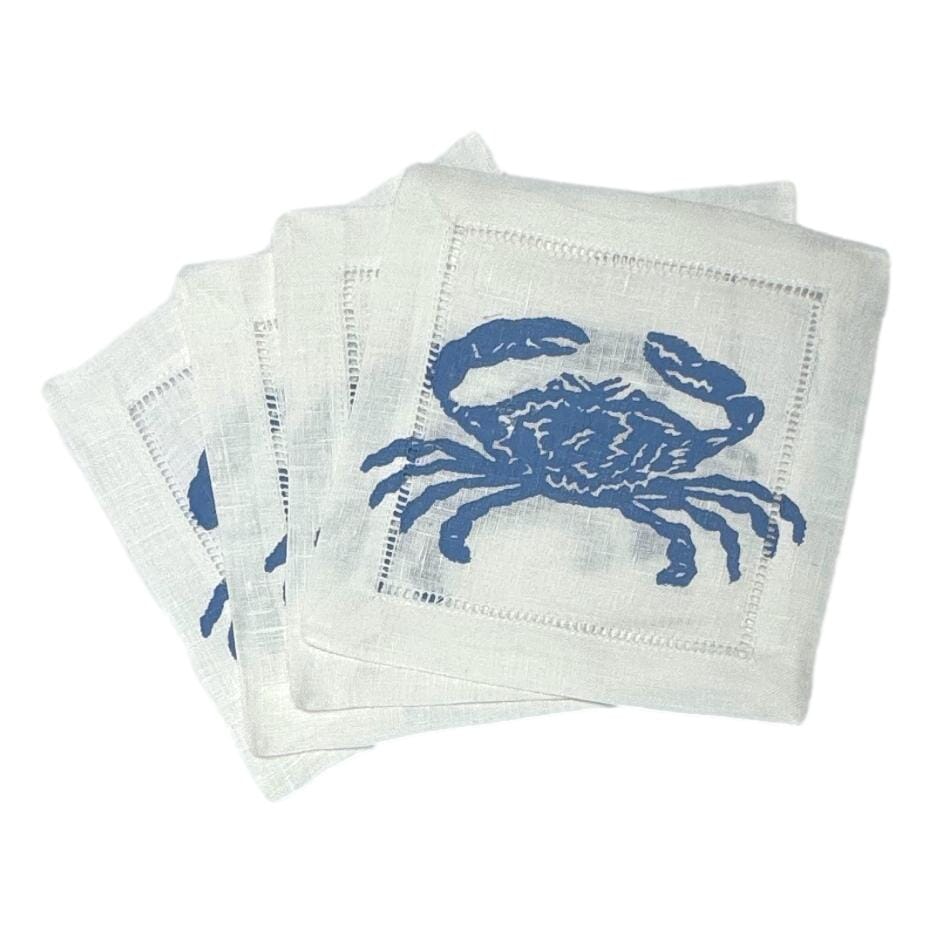 Hand Printed Coastal Cocktail Napkins - Set of 4 Cocktail Napkins Low Country Linens Crab 