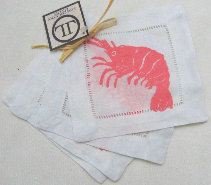 Hand Printed Coastal Cocktail Napkins - Set of 4 Cocktail Napkins Low Country Linens Shrimp 