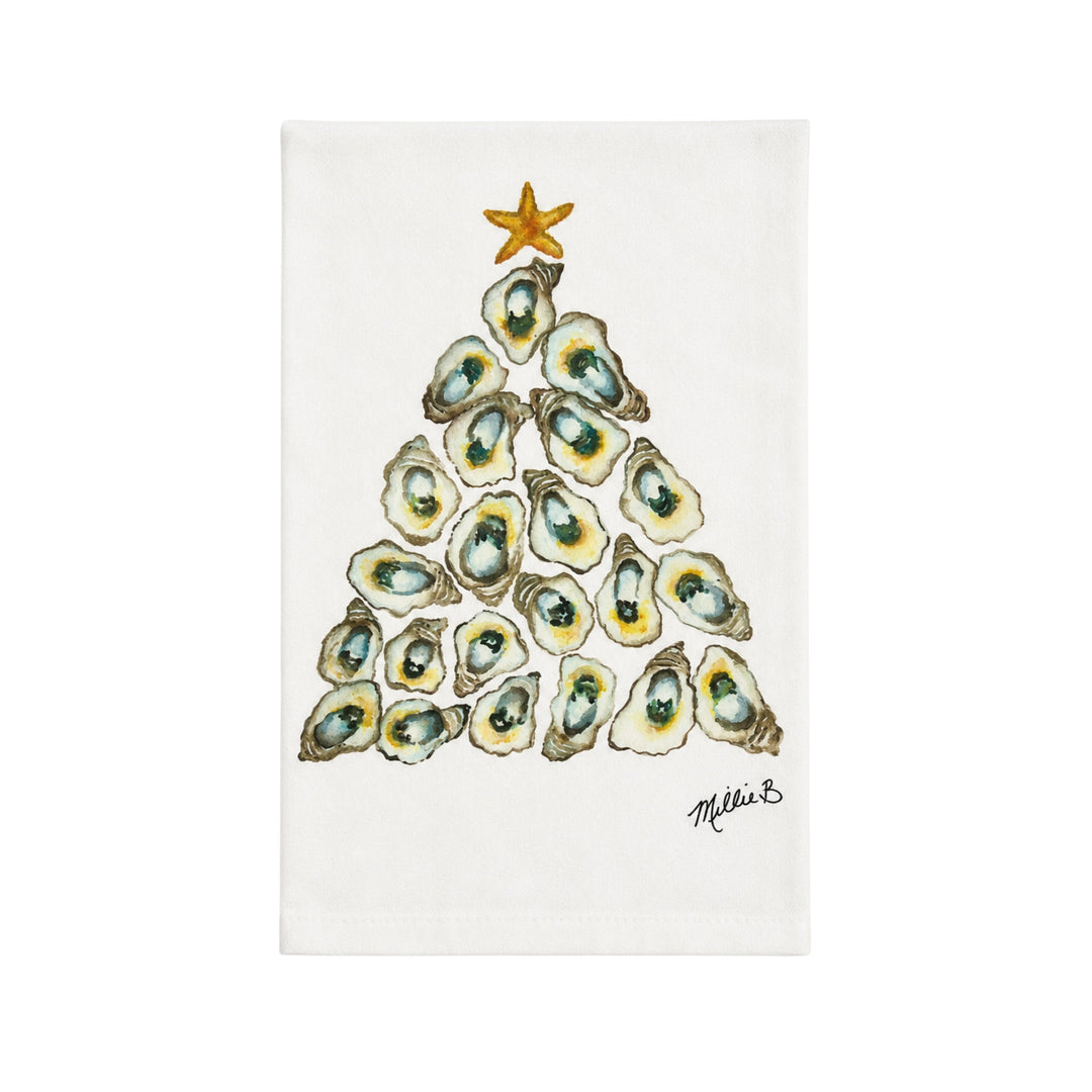 Hand Printed Guest Towel - Christmas Guest Towels Low Country Linens Watercolor Oyster Tree 