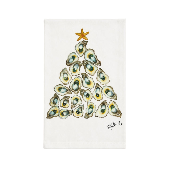 Hand Printed Guest Towel - Christmas Guest Towels Low Country Linens Watercolor Oyster Tree 