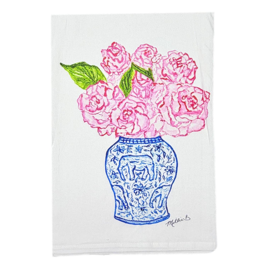 Hand Printed Kitchen Flour Sack Towels Kitchen Towel Low Country Linens Ginger Jar Roses 