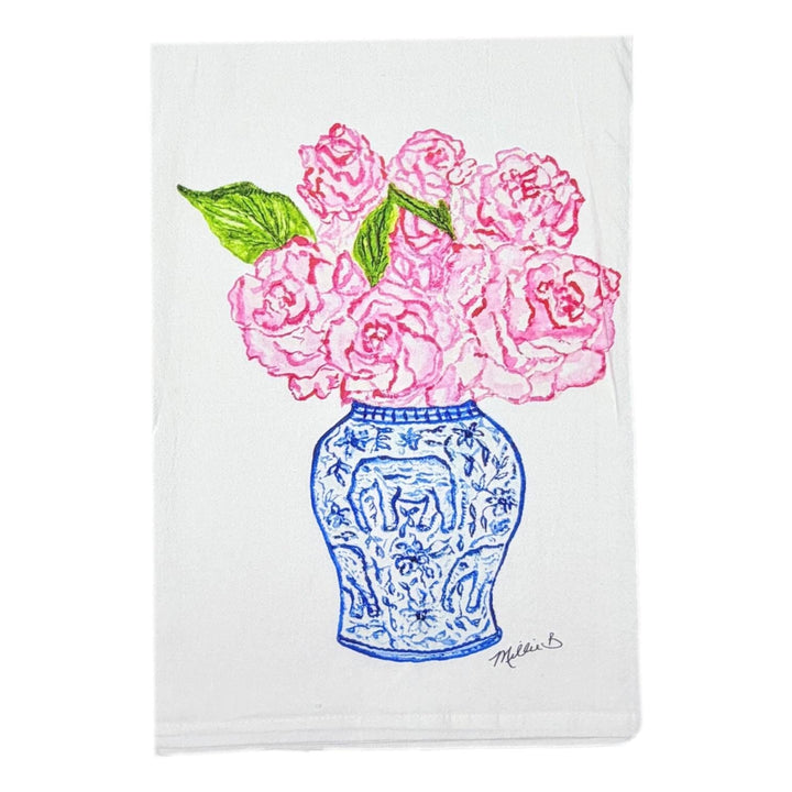 Hand Printed Kitchen Flour Sack Towels Kitchen Towel Low Country Linens Ginger Jar Roses 