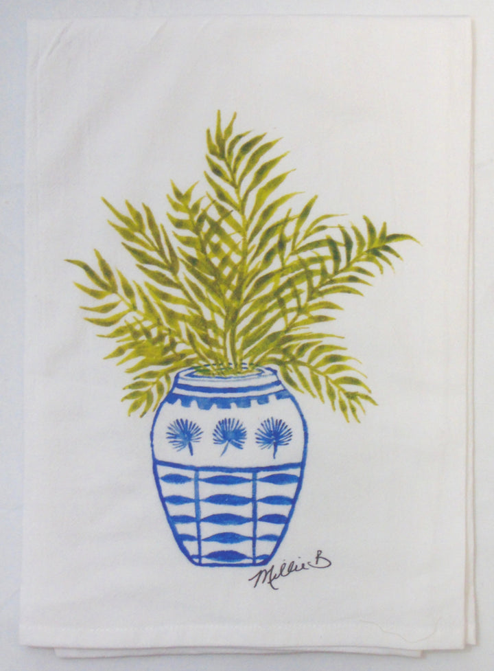 Hand Printed Kitchen Flour Sack Towels Kitchen Towel Low Country Linens Palm Frond Plant in Ginger Jar 