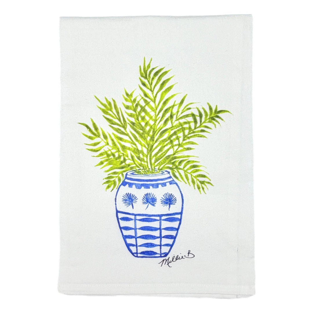 Hand Printed Kitchen Flour Sack Towels Kitchen Towel Low Country Linens Palm Frond Plant in Ginger Jar 