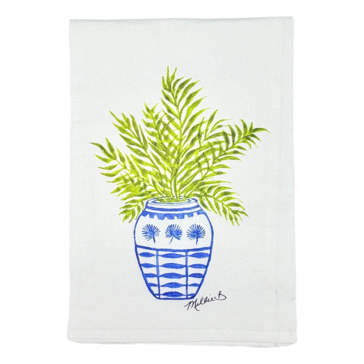 Hand Printed Kitchen Flour Sack Towels Kitchen Towel Low Country Linens Palm Frond Plant in Ginger Jar 