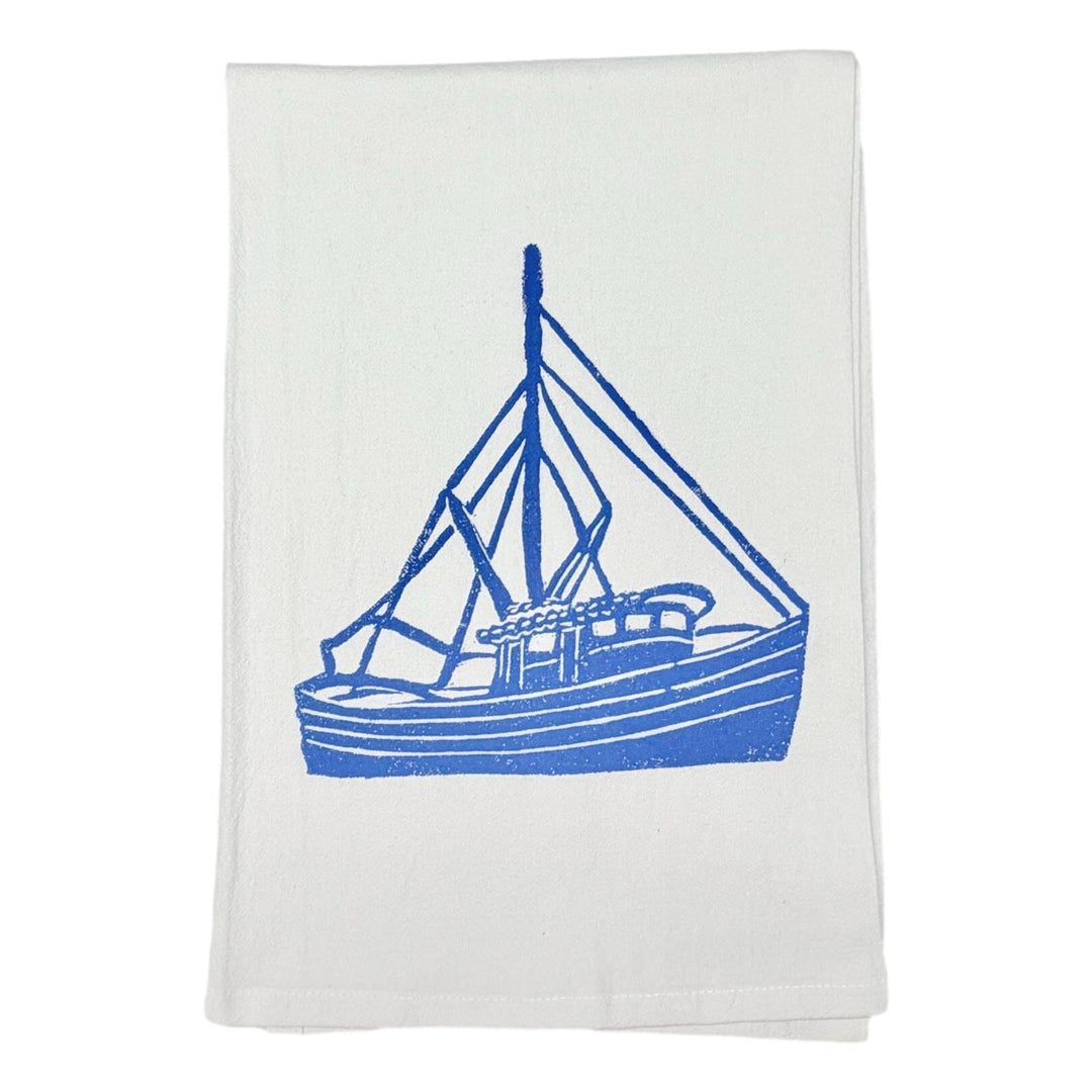Hand Printed Kitchen Flour Sack Towels Kitchen Towel Low Country Linens Shrimp Boat in Denim 