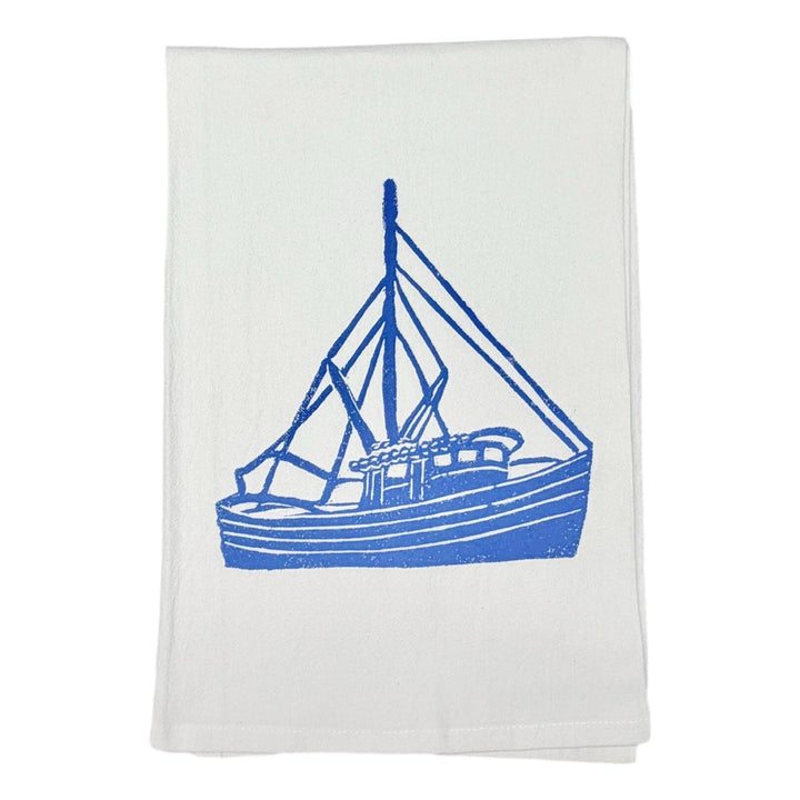 Hand Printed Kitchen Flour Sack Towels Kitchen Towel Low Country Linens Shrimp Boat in Denim 