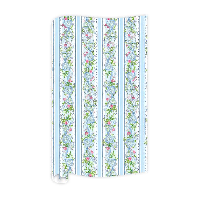 Handpainted Blue Bows & Floral Stripe Wrapping Paper Wrapping Paper Rosanne Beck 