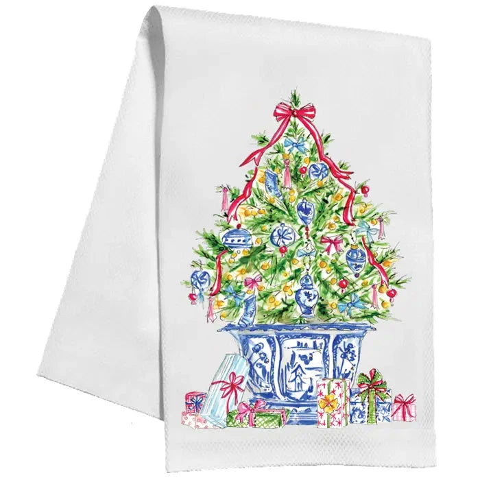 Handpainted Christmas Tree with Blue Chinoiserie Ornaments Kitchen Towel Kitchen Towel Rosanne Beck 