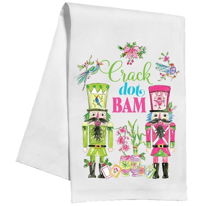 Handpainted Crack Dot Bam Pink and Green Nutcrackers Mahjong Kitchen Towel Rosanne Beck 