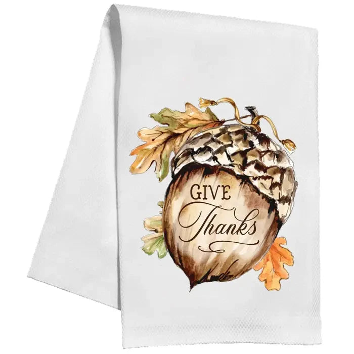 Handpainted Give Thanks Acorn and Fall Leaves Kitchen Towel Rosanne Beck 