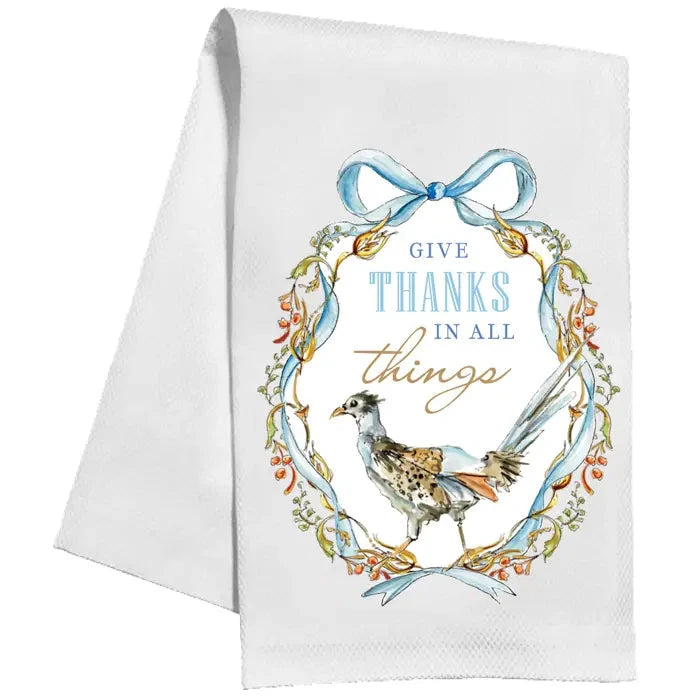 Handpainted Give Thanks In All Things Pheasant Blue Bow Wreath Kitchen Towel Kitchen Towel Rosanne Beck 