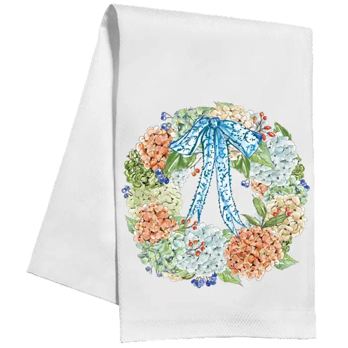 Handpainted Hydrangea Wreath with Blue Bow Kitchen Towel Rosanne Beck 