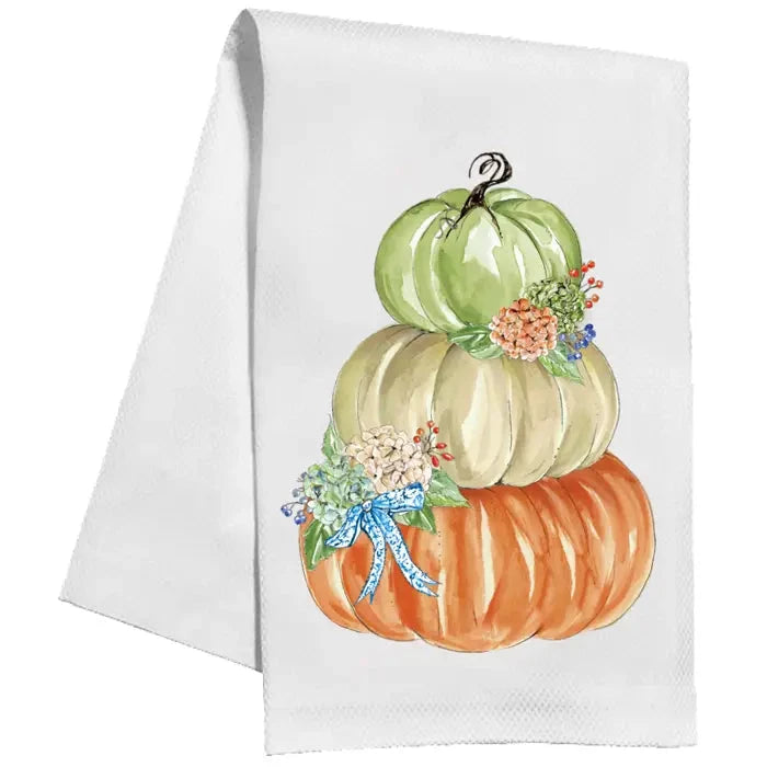 Handpainted Orange Cream and Green Pumpkin Stack with Hydrangeas Kitchen Towel Rosanne Beck 